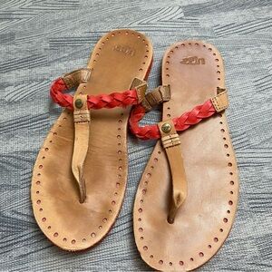 UGG Coral Red And Tan Leather Braided Flip Flops